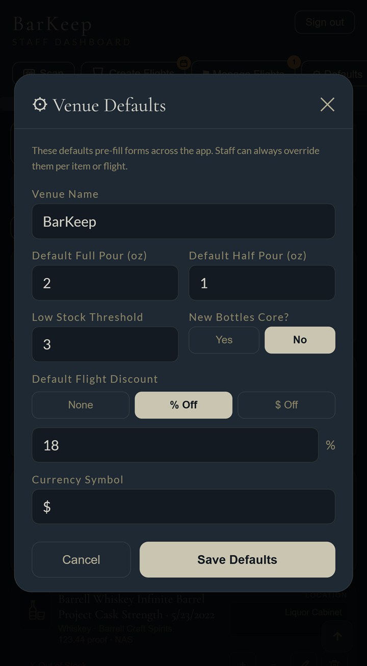 Venue defaults — set pours, thresholds and discounts once